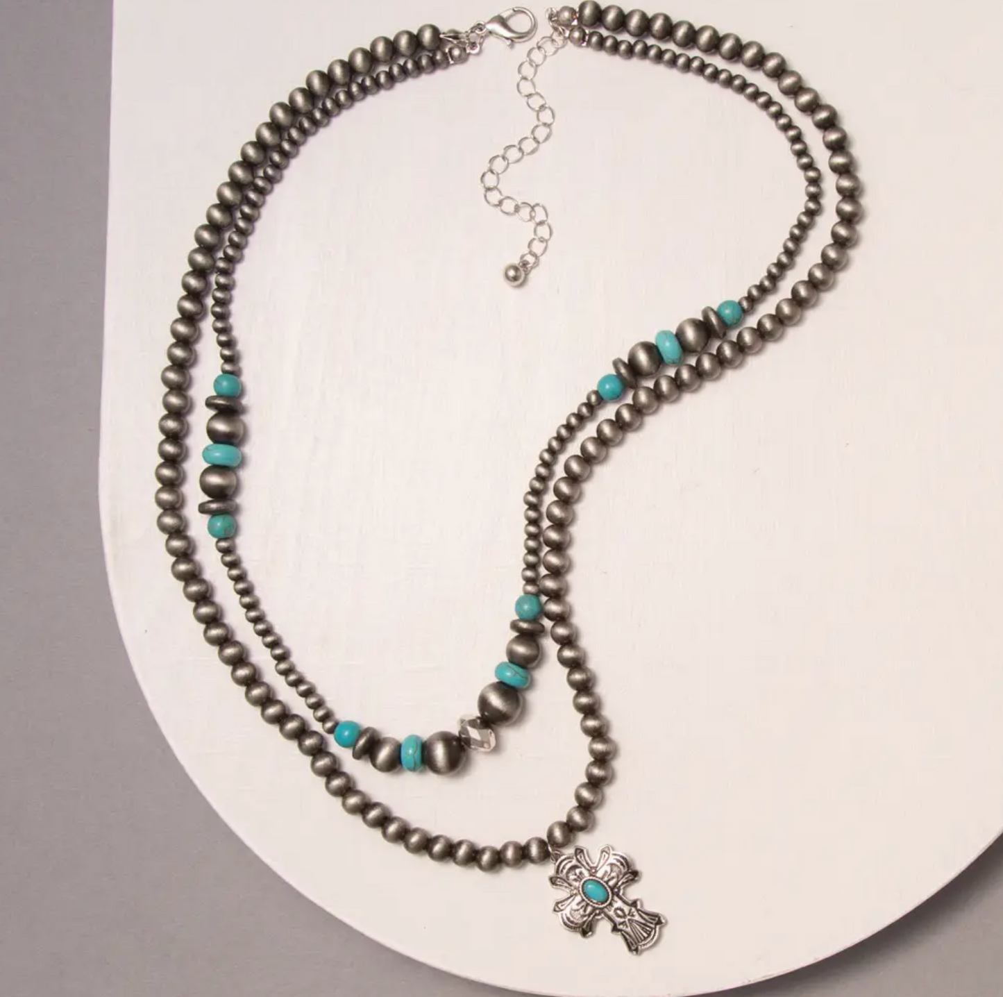 Multi-Strand Western Turquoise Cross Pendant Beaded Necklace