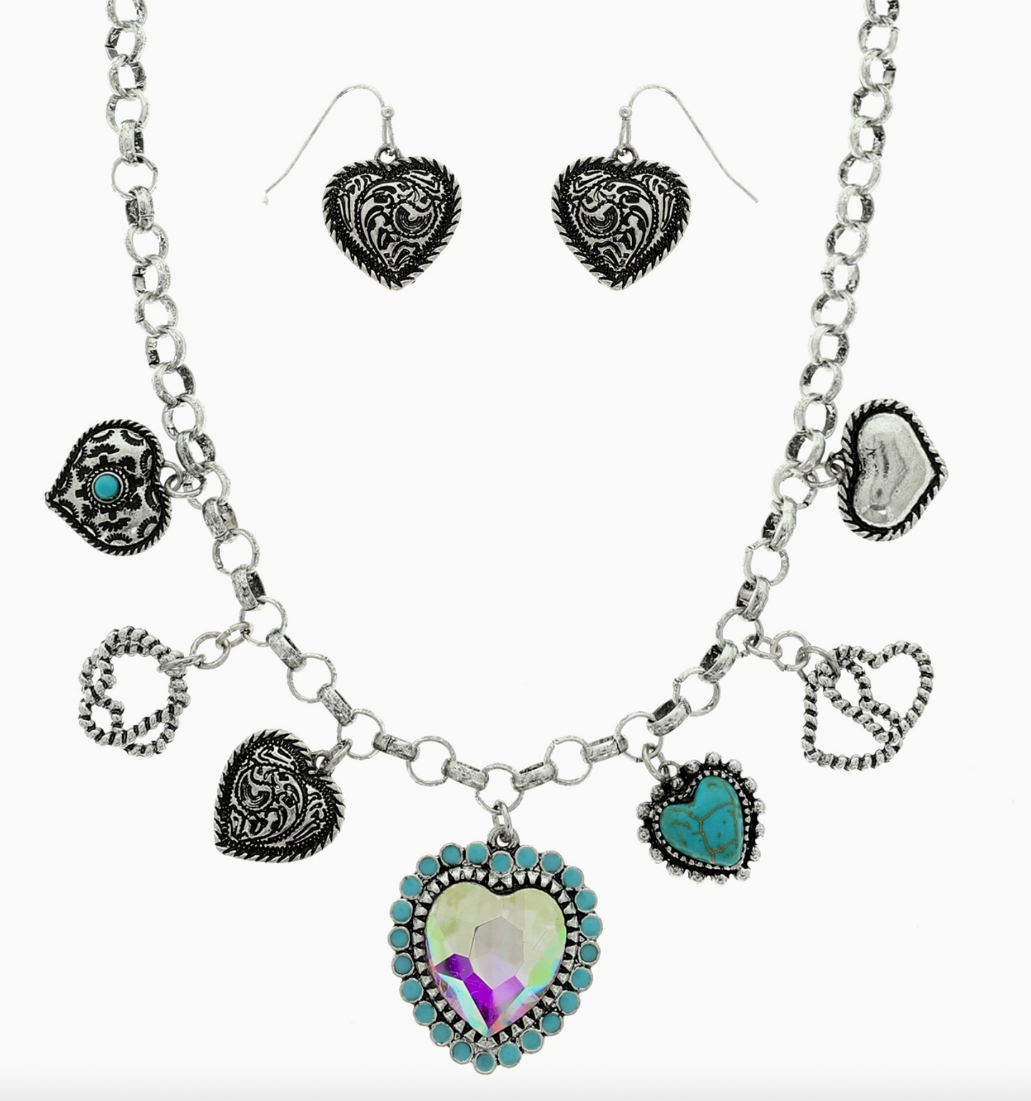 Western Theme Heart Pendant Necklace Set