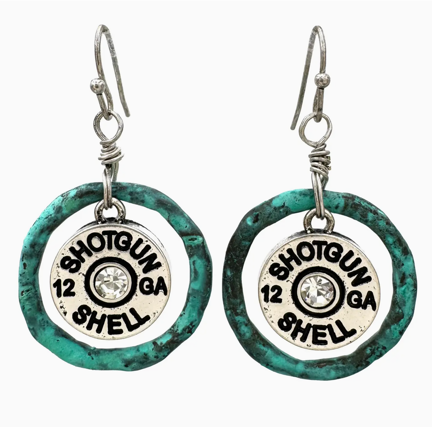 Shotgun shell earrings with turquoise and silver design on a white background