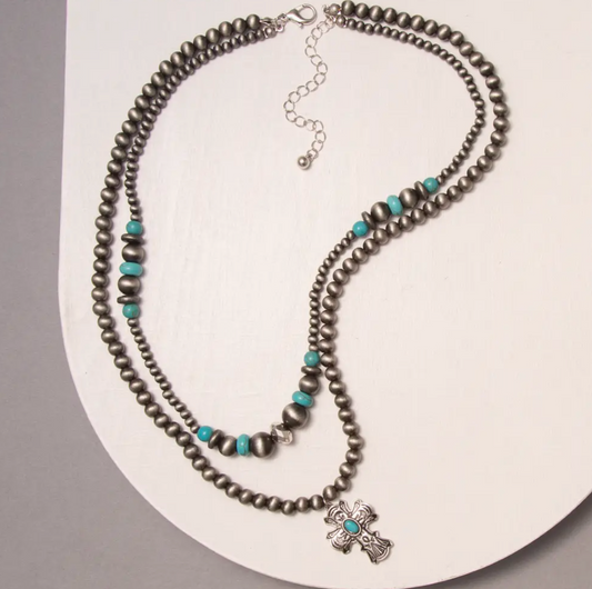 Multi-Strand Western Turquoise Cross Pendant Beaded Necklace