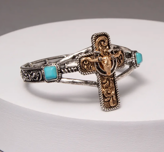 Filigree Western Turquoise Cross Stretch Bracelet