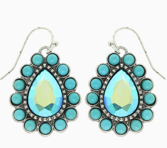 Chic Western Turquoise Haloed Teardrop Crystal Earrings