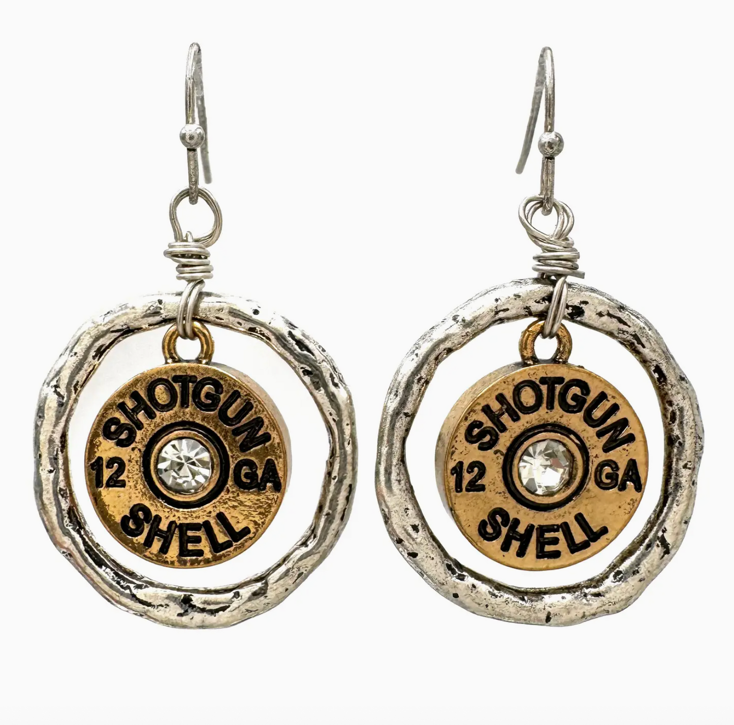 Shotgun shell earrings with circular design and crystal center on a white background