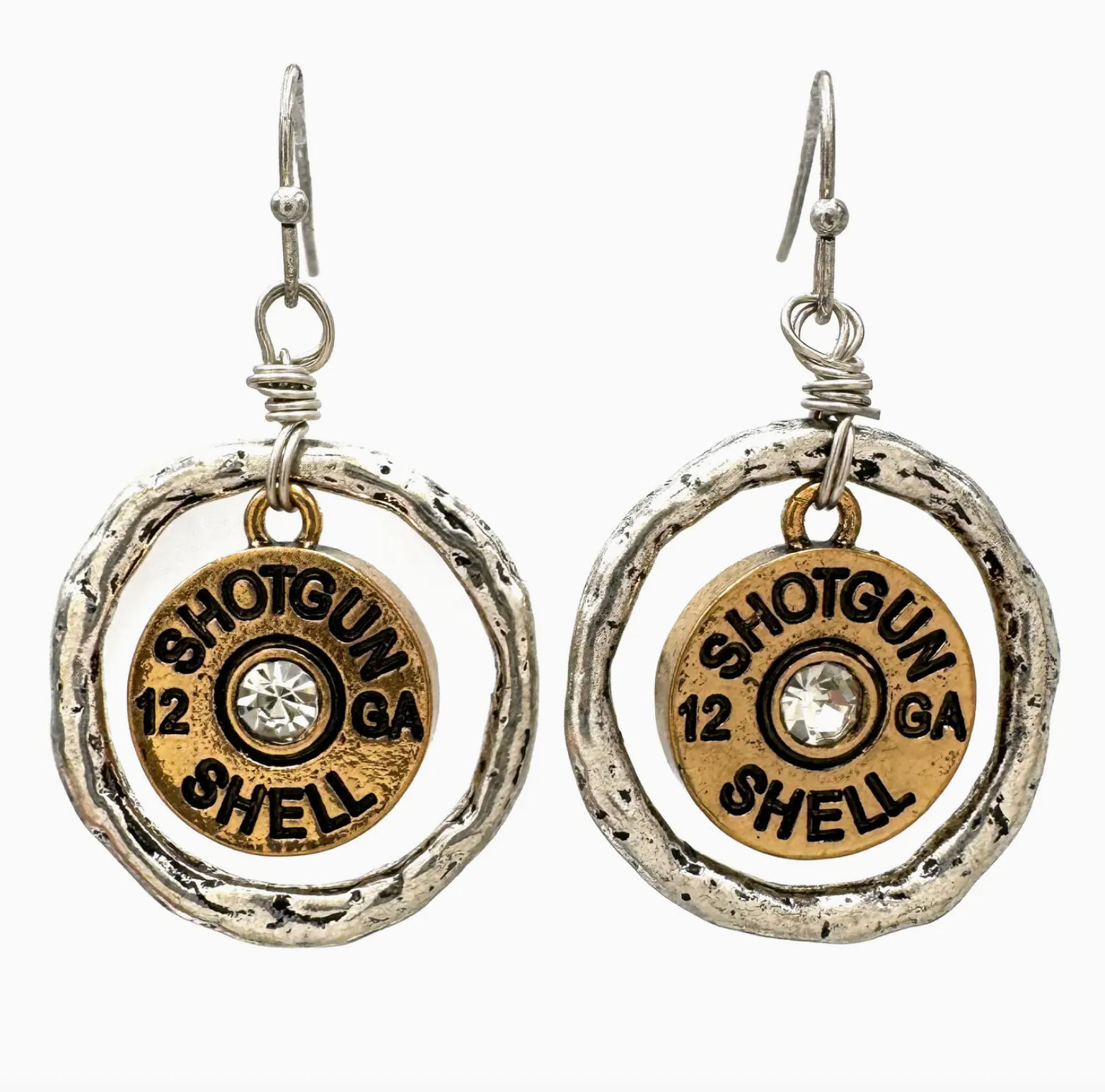 Shotgun shell earrings with circular design and crystal center on a white background