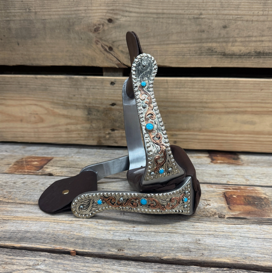 Hand Engraved Copper & Turquoise Angled Barrel Racing Stirrups - PRE ORDER
