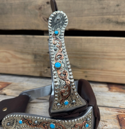 Hand Engraved Copper & Turquoise Angled Barrel Racing Stirrups - PRE ORDER