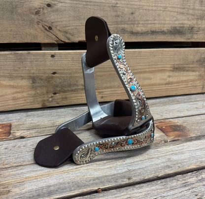 Hand Engraved Copper & Turquoise Angled Barrel Racing Stirrups - PRE ORDER