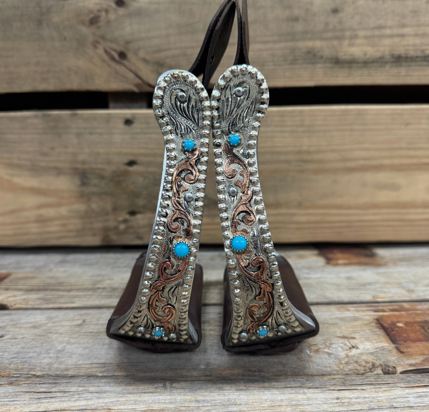 Hand Engraved Copper & Turquoise Angled Barrel Racing Stirrups - PRE ORDER