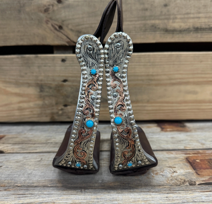Hand Engraved Copper & Turquoise Angled Barrel Racing Stirrups - PRE ORDER