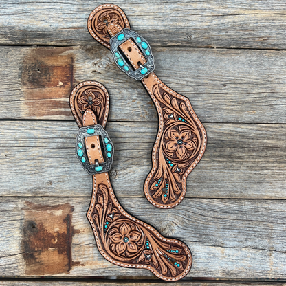 Floral Teal Dot Antique Silver Turquoise Spur Straps - PRE ORDER