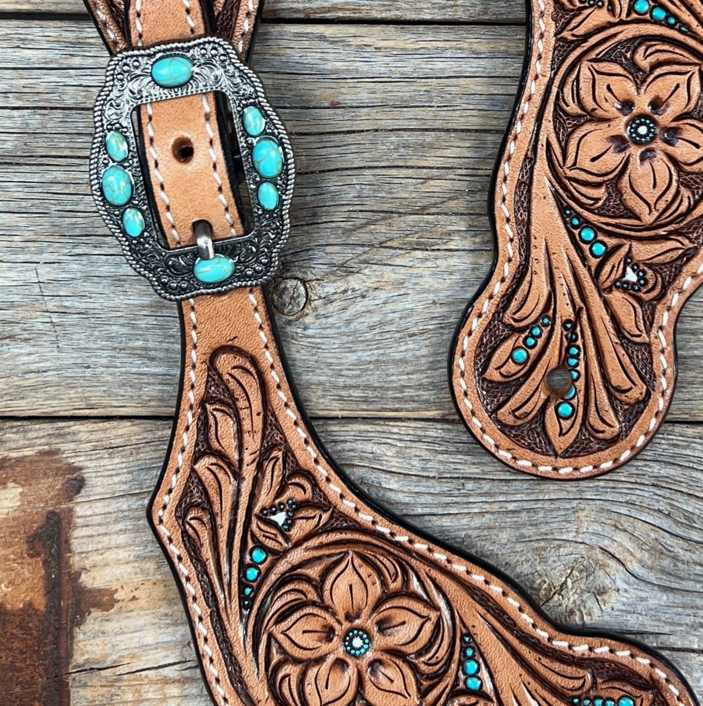 Floral Teal Dot Antique Silver Turquoise Spur Straps - PRE ORDER