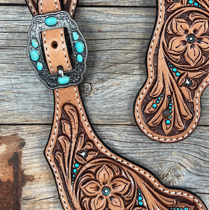 Floral Teal Dot Antique Silver Turquoise Spur Straps - PRE ORDER