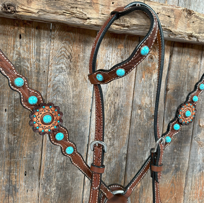 Medium Oil Floral Rosettes & Turquoise One Ear / Breast Collar Tack Set - PRE ORDER
