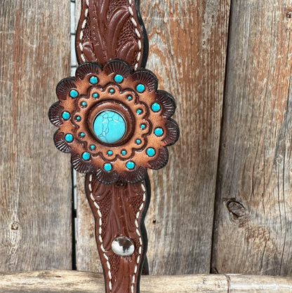 Medium Oil Floral Rosettes & Turquoise One Ear / Breast Collar Tack Set - PRE ORDER