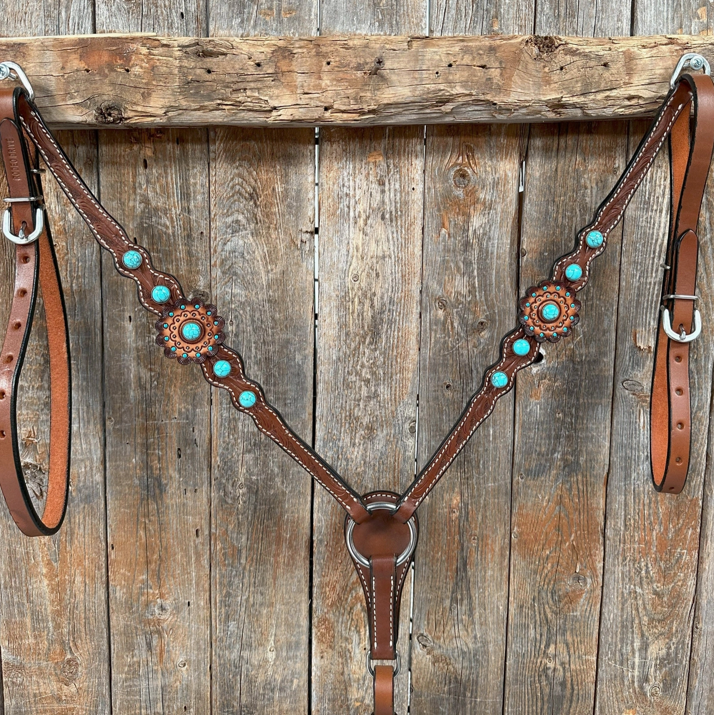 Medium Oil Floral Rosettes & Turquoise One Ear / Breast Collar Tack Set - PRE ORDER