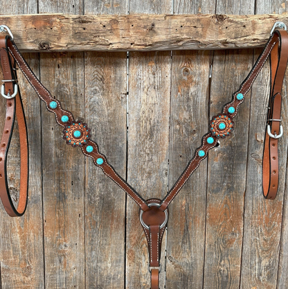 Medium Oil Floral Rosettes & Turquoise One Ear / Breast Collar Tack Set - PRE ORDER